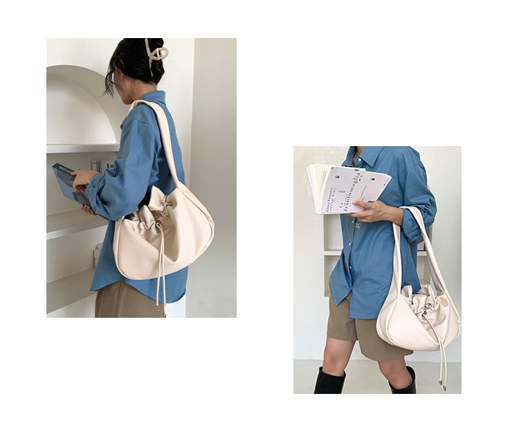 Plain Drawstring Faux Leather Tote Bag SpreePicky