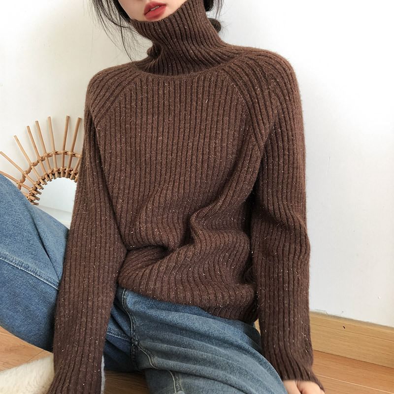 Turtleneck Plain Ribbed Sweater SpreePicky