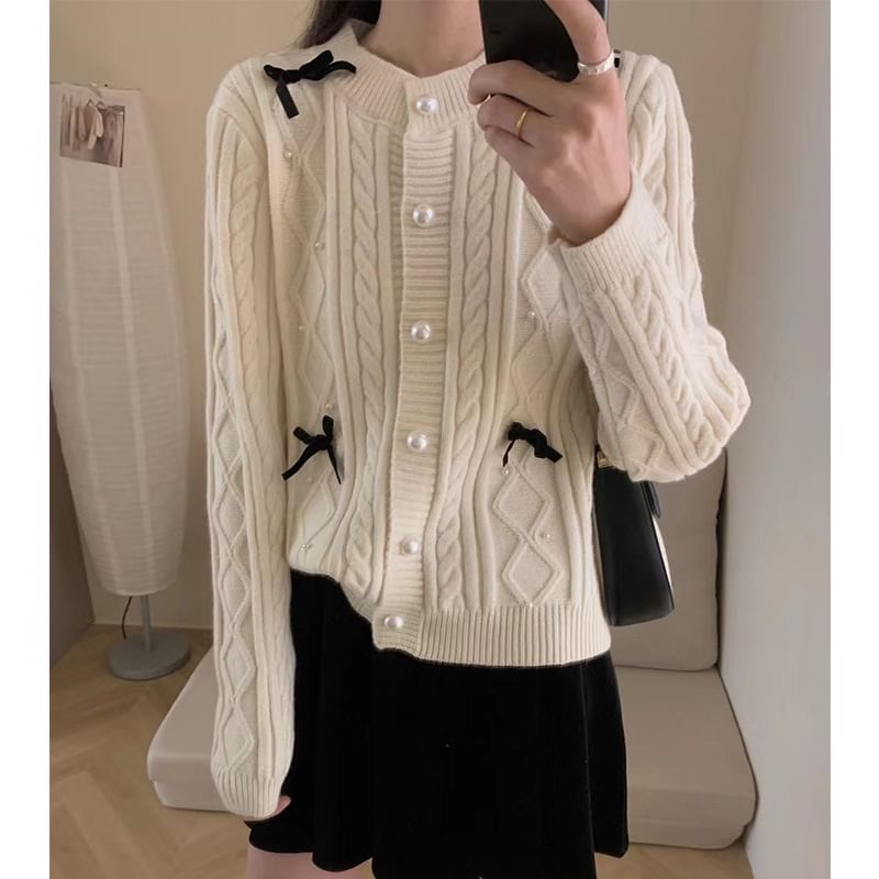 Bow Accent Faux Pearl Cardigan SpreePicky