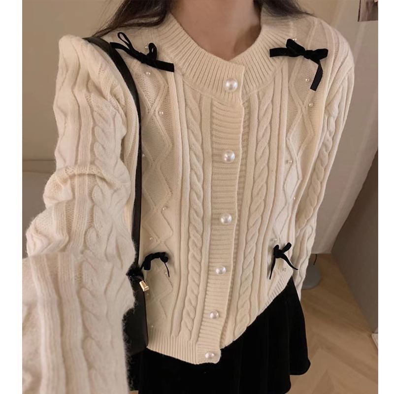 Bow Accent Faux Pearl Cardigan SpreePicky