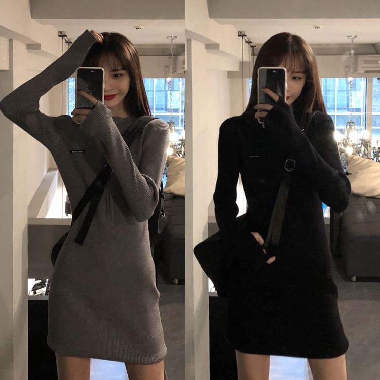 Long-Sleeve Crewneck Plain Mini Bodycon Dress SpreePicky