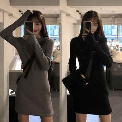 Long-Sleeve Crewneck Plain Mini Bodycon Dress SpreePicky