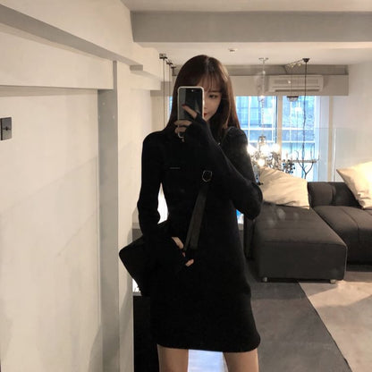 Long-Sleeve Crewneck Plain Mini Bodycon Dress SpreePicky