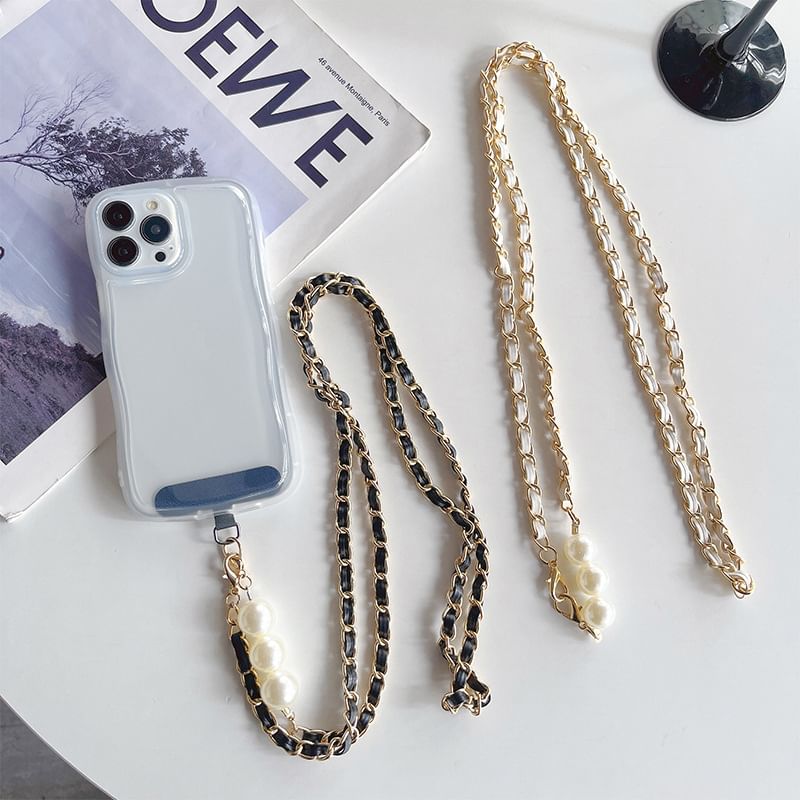 Faux Pearl Faux Leather Alloy Phone Lanyard SpreePicky