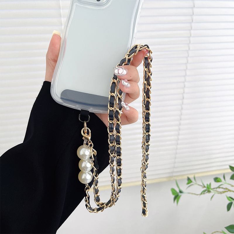 Faux Pearl Faux Leather Alloy Phone Lanyard SpreePicky