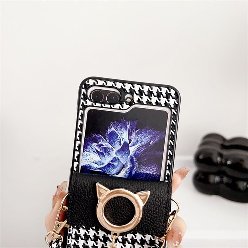 Cat Faux Pearl Houndstooth Lanyard Phone Case