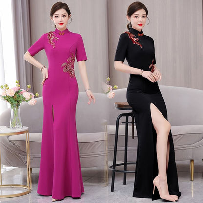 Short-Sleeve Band Collar Flower Slit Qipao SpreePicky