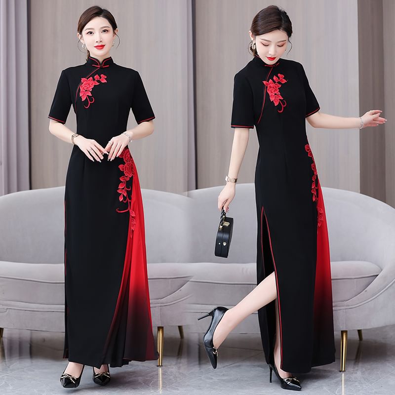 Short-Sleeve Flower Two Tone Maxi A-Line Qipao SpreePicky