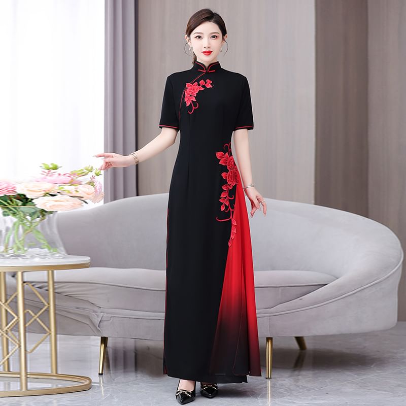 Short-Sleeve Flower Two Tone Maxi A-Line Qipao SpreePicky