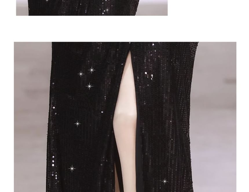 Long-Sleeve V-Neck Sequined Slit Mermaid Evening Gown SpreePicky