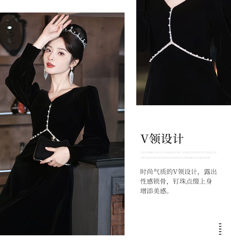 Long-Sleeve V-Neck Contrast Trim A-Line Evening Gown SpreePicky