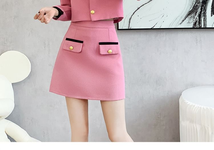 Set: Collared Two Tone Button Jacket + Mid Rise Mini A-Line Skirt SpreePicky