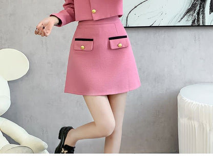 Set: Collared Two Tone Button Jacket + Mid Rise Mini A-Line Skirt SpreePicky