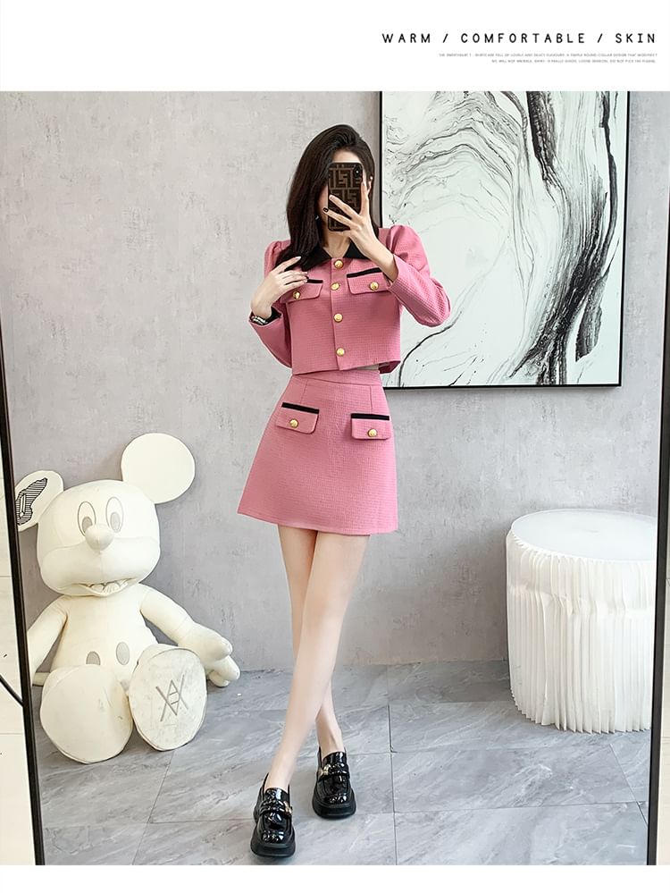 Set: Collared Two Tone Button Jacket + Mid Rise Mini A-Line Skirt SpreePicky