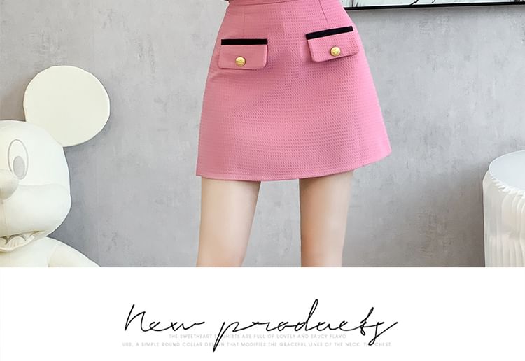 Set: Collared Two Tone Button Jacket + Mid Rise Mini A-Line Skirt SpreePicky