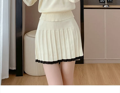 Set: Off Shoulder Striped Sweater + Mid Rise Plain Mini Pleated Skirt SpreePicky