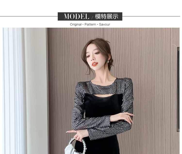 Long-Sleeve Crew Neck Sequined Cutout Bodycon Dress (Various Designs) SpreePicky