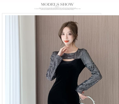 Long-Sleeve Crew Neck Sequined Cutout Bodycon Dress (Various Designs) SpreePicky