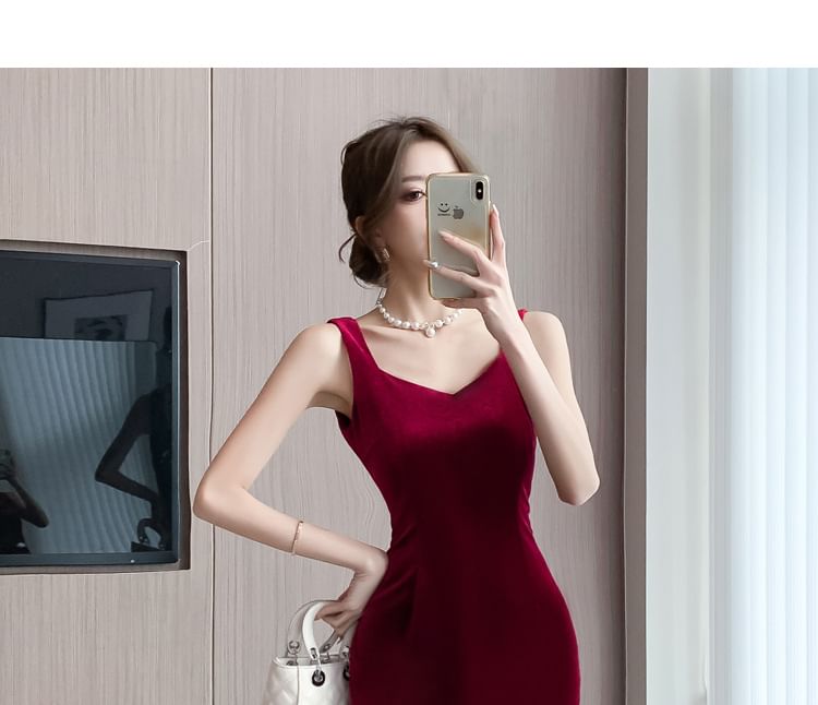 Spaghetti Strap V-Neck Plain Midi Sheath Dress SpreePicky