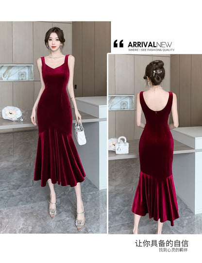 Spaghetti Strap V-Neck Plain Midi Sheath Dress SpreePicky