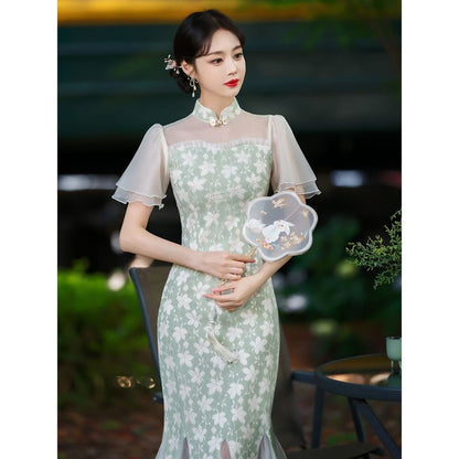 Short-Sleeve Floral Panel Midi Mermaid Qipao SpreePicky