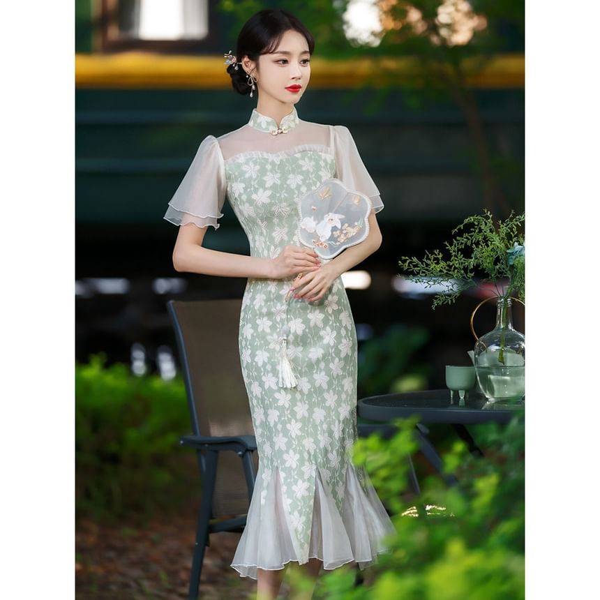 Short-Sleeve Floral Panel Midi Mermaid Qipao SpreePicky