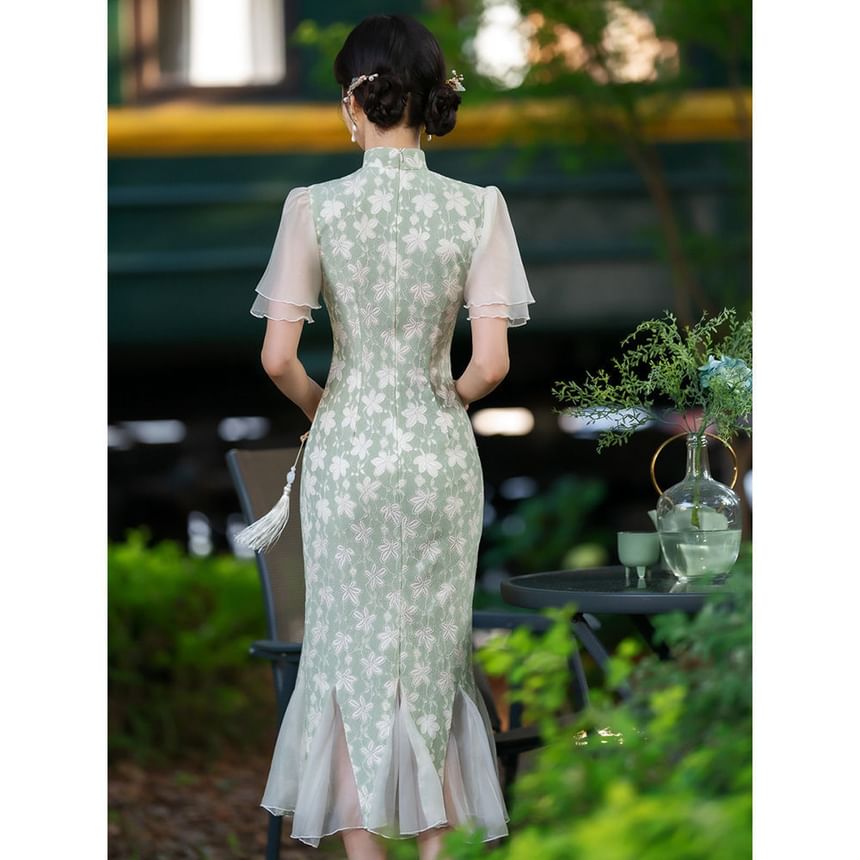 Short-Sleeve Floral Panel Midi Mermaid Qipao SpreePicky