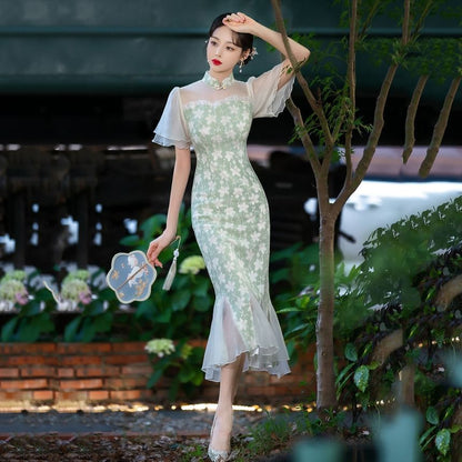 Short-Sleeve Floral Panel Midi Mermaid Qipao SpreePicky