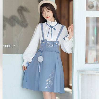 Long-Sleeve Pintuck Ribbon Lace Trim Blouse / High Waist Print Bow A-Line Jumper Skirt / Set SpreePicky