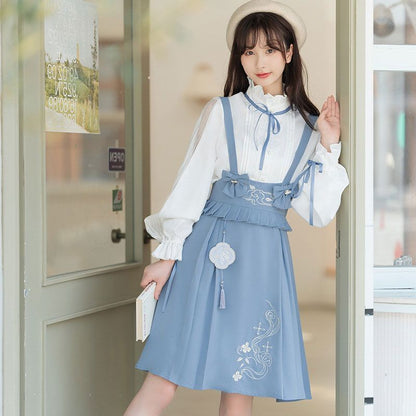 Long-Sleeve Pintuck Ribbon Lace Trim Blouse / High Waist Print Bow A-Line Jumper Skirt / Set SpreePicky