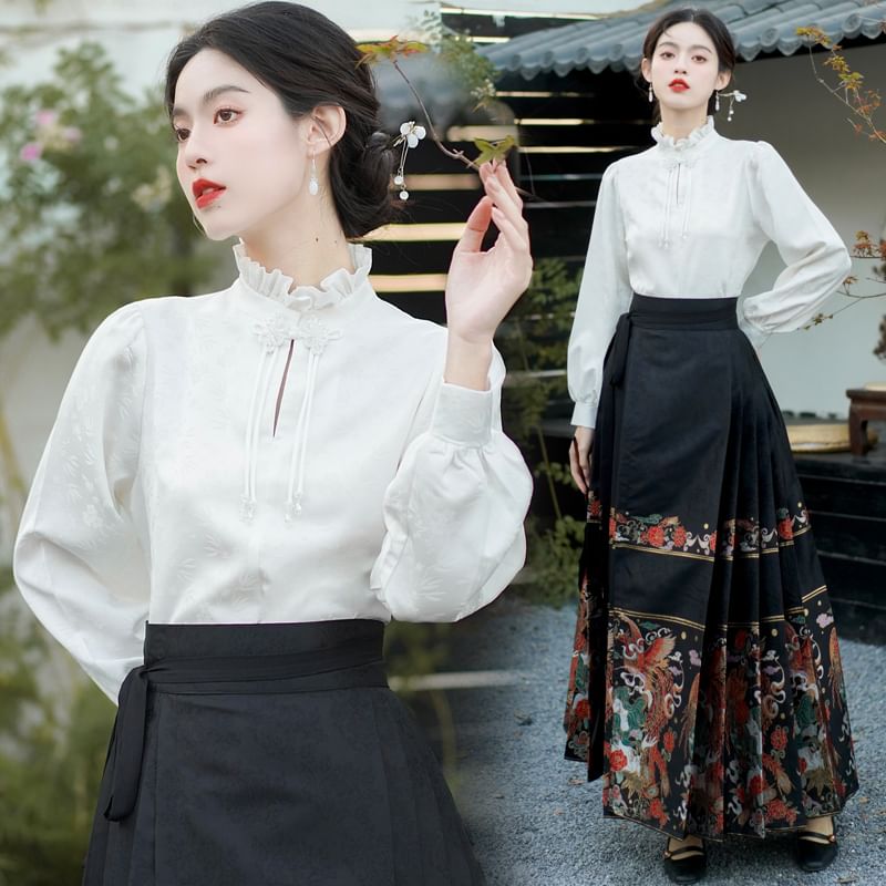 Mock Neck Plain Blouse / Mid Rise Hanfu Patterned Maxi A-Line Skirt / Necklace SpreePicky