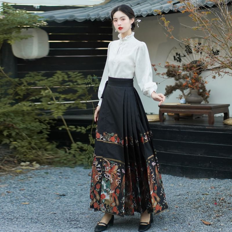 Mock Neck Plain Blouse / Mid Rise Hanfu Patterned Maxi A-Line Skirt / Necklace SpreePicky