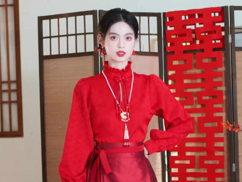 Mock Neck Plain Blouse / Mid Rise Hanfu Patterned Maxi A-Line Skirt / Necklace SpreePicky