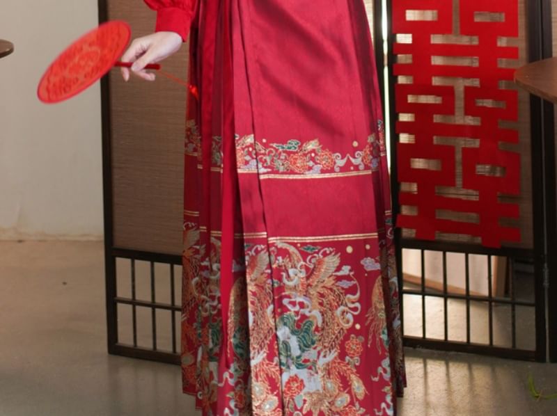 Mock Neck Plain Blouse / Mid Rise Hanfu Patterned Maxi A-Line Skirt / Necklace SpreePicky