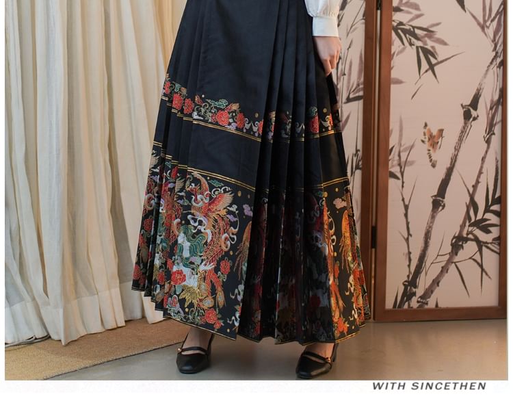 Mock Neck Plain Blouse / Mid Rise Hanfu Patterned Maxi A-Line Skirt / Necklace SpreePicky