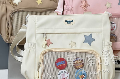 Star Applique Mesh Panel Multi-Pocket Tote Bag / Coin Purse / Bag Charm / Set SpreePicky