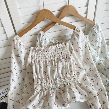 Long-Sleeve Square Neck Floral Print Ruched Ruffle Top mySite