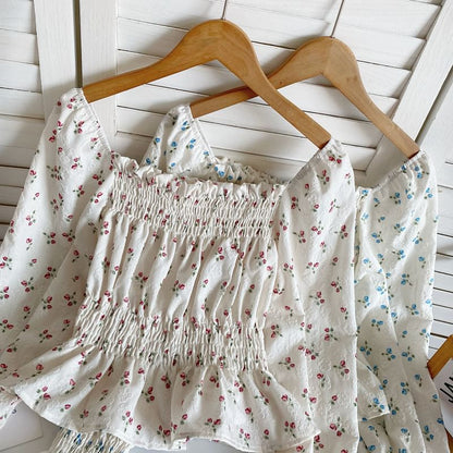 Long-Sleeve Square Neck Floral Print Ruched Ruffle Top mySite