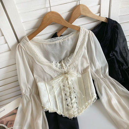 Cinched Sleeve Square Neck Plain Lace Up Panel Lace Blouse mySite