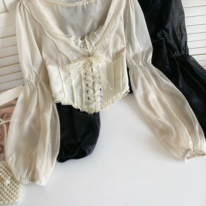 Cinched Sleeve Square Neck Plain Lace Up Panel Lace Blouse mySite