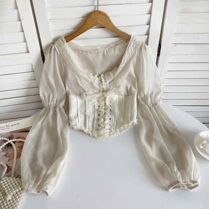 Cinched Sleeve Square Neck Plain Lace Up Panel Lace Blouse mySite