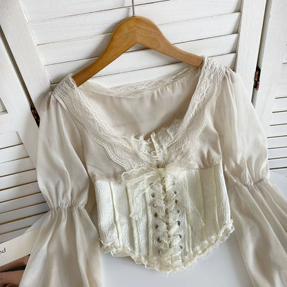 Cinched Sleeve Square Neck Plain Lace Up Panel Lace Blouse mySite