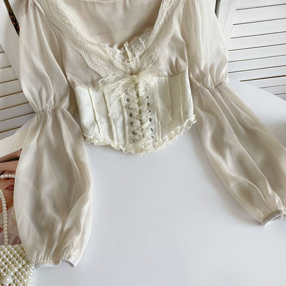 Cinched Sleeve Square Neck Plain Lace Up Panel Lace Blouse mySite