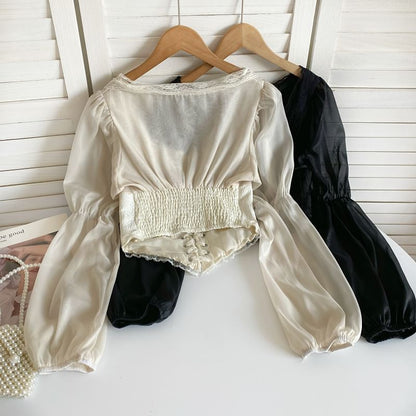 Cinched Sleeve Square Neck Plain Lace Up Panel Lace Blouse mySite