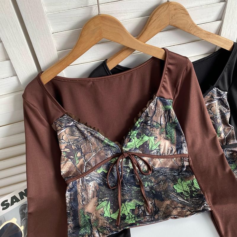 Long-Sleeve V-Neck Patterned Print Tie Front Panel Top mySite