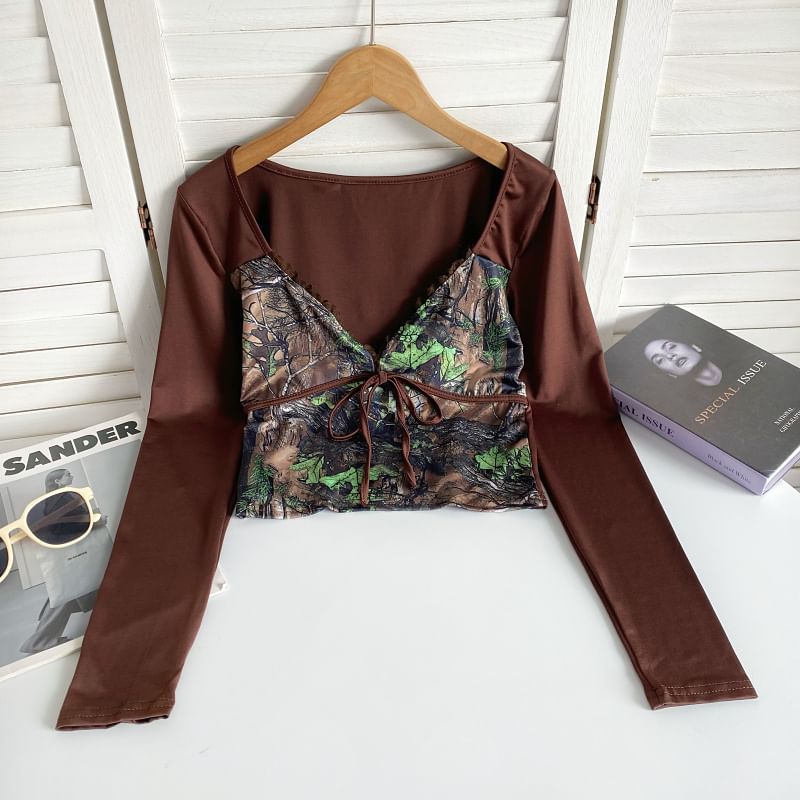 Long-Sleeve V-Neck Patterned Print Tie Front Panel Top mySite