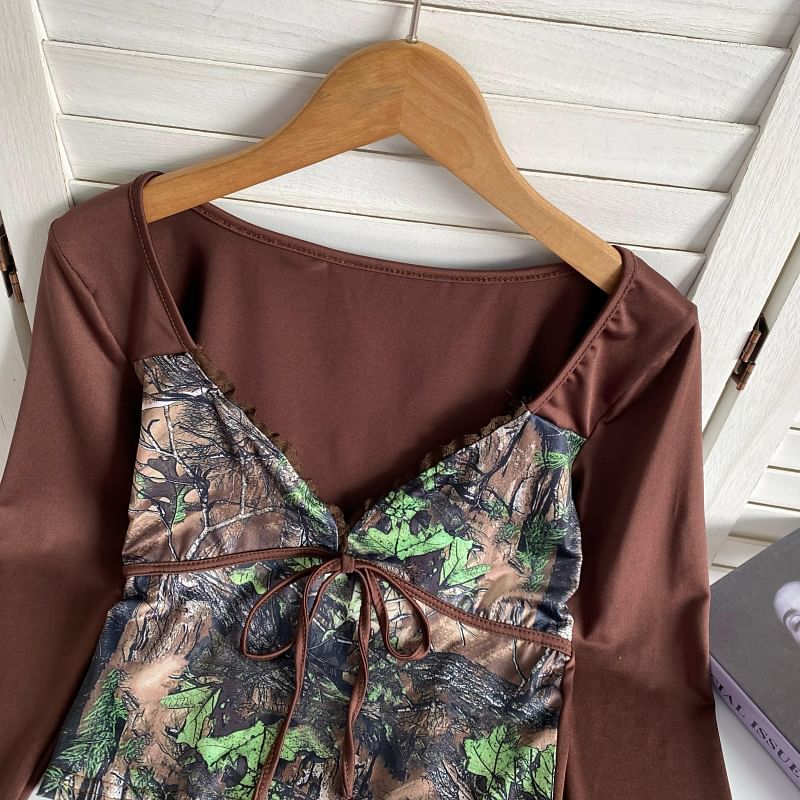 Long-Sleeve V-Neck Patterned Print Tie Front Panel Top mySite