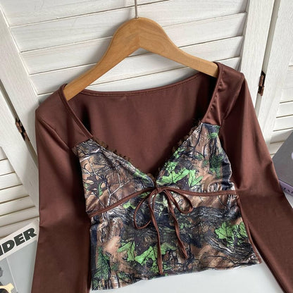 Long-Sleeve V-Neck Patterned Print Tie Front Panel Top mySite