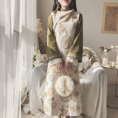 Set: Long-Sleeve Band Collar Embroidered Midi Qipao + Sleeveless Embroidered Midi Dress mySite