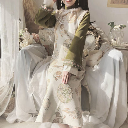 Set: Long-Sleeve Band Collar Embroidered Midi Qipao + Sleeveless Embroidered Midi Dress mySite